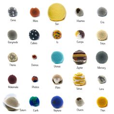 crocheted balls are shown in different colors and sizes