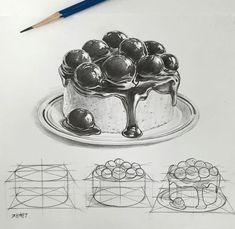 a drawing of a cake with cherries on top