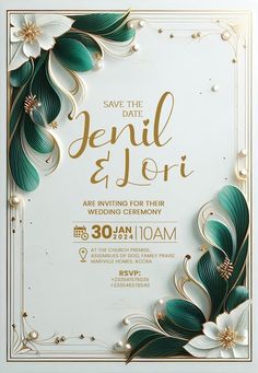 save the date card with flowers and leaves on it in gold, green and white