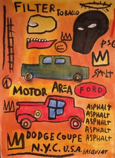 a poster with different types of cars and words written in black ink on an orange background