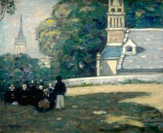 a painting of people standing in front of a church