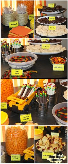 there are many different pictures of desserts on the table with name tags in front of them