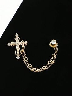 Cross Chain Brooch With Tassels, Rhinestone Pendant, Elegant Metal Brooch, Tassel Corsage, Host Brooch, Multifunctional Fashion Accessories, Fashionable Trend Lapel Pin Chain Accessory For Suit, Tie And Jacket, Ideal Gift, Vintage Lapel Badge Accessory For Men's Wedding And Party Gold,Silver    Zinc Alloy    All Men Accessories, size features are:Bust: ,Length: ,Sleeve Length: