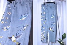 ⚘ ⚘ ⚘  Style your jeans with art  ⚘ ⚘ ⚘ ------------------------------------------ Please drop me a message in my messages box with your hips and waist ( around the belly button) measurements for this item  Thanks in advance~ ❀ About this item:  HAND MADE | Hand Painted These jeans were painted with flower daisies on the front right side pants and back pocket and birds on the left side Materials: Jeans, Denim fabric, Acrylic paint, Casual wear Streetwear. ❀ Shipping: We are shipping Worldwide 1 - 3 weeks from Vietnam, after done painting. ❀Hey everyone!  Thank you for visiting my shop ❀  I'm Ngan from Vietnam. I'm an artist and I love fashion just like any woman does ♡ With the idea of painting on a jean jacket, I can combine the two things I love so much. And here we are :) When it came t Hand Painted Jeans Pants, Painted Pants Idea, Hand Painted Jeans, Painted Clothing, Side Pants, Hand Painted Clothing, Painted Designs, Painted Jeans, Painted Denim