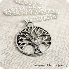 Tree of Life Necklace, Silver Plated Tree of Life Charm on a Silver Cable Chain Nickel Free Silver Charm Necklaces As Gift, Silver Stainless Steel Necklace, Nickel Free Symbolic Silver Charm Necklaces, Spiritual Silver Charm Necklace For Anniversary, Spiritual Silver Charm Necklace Nickel Free, Symbolic Hypoallergenic Silver Necklace, Nickel-free Silver Charm Necklaces As Gift, Personalized Symbolic Silver Charm Necklace, Spiritual Silver Charm Necklaces In Stainless Steel