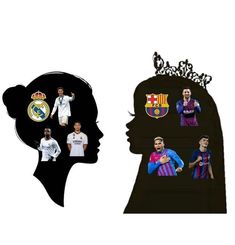 a woman's head with the image of barcelona and real madrid on it, as well as an illustration of soccer players