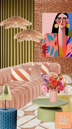 a living room with pink couches and paintings on the wall above them, along with two lamps