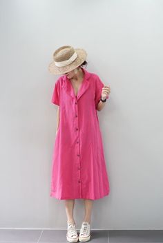 Linen Dress , Work Dress Linen, Linen Summer Dress, Casual Linen Dress - Etsy Thailand Pink Relaxed Fit Midi Dress For Summer, Pink Cotton Shirt Dress For Day Out, Pink Short Sleeve Shirt Dress For Daywear, Pink Button-up Dress With Pockets, Pink Shift Midi Dress With Short Sleeves, Pink Midi Dress With Short Sleeves, Collared Pink Dress For Vacation, Pink Relaxed Fit Midi Dress With Short Sleeves, Pink Collared Dress For Vacation