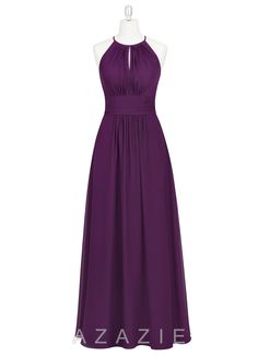 a purple bridesmaid dress on a mannequin neckline, with an open back