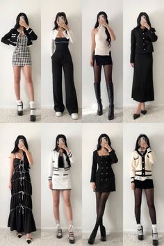 black and white outfits, ootd, outfit ideas, style inspo, fashion inspiration, elegant style, classy, tweed set, blazer, maxi skirt, dress, neutral looks Black Skirt Outfit Classy, Korean Outfit With Skirt, Black And White Outfit Aesthetic Classy, Classy Korean Fashion, Black Combo Outfit, Formal Outfits Skirt, Classy Outfits Skirt, Tweed Skirt Outfit Casual, Black And White Outfits Classy