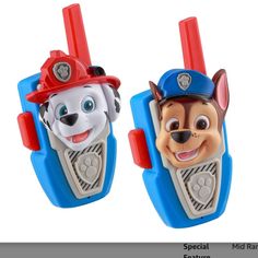 two children's walkie talkies with paw patrol characters on the front and back