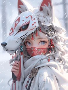 a woman wearing a white wolf mask in the snow with her head covered by a red scarf