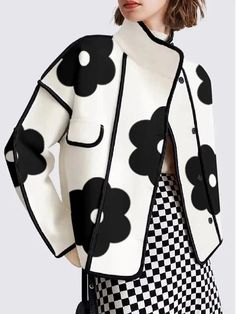 High Neck Women Printed Patchwork Jackets Fashion Black Flower Long Sleeve Lady Coat Casual Buttoned Autumn Outerwear 2024 New White Floral Print Winter Outerwear, Retro Floral Print Winter Outerwear, Trendy White Floral Print Outerwear, Soft Blazer, Diy Slippers, Denim Inspiration, Stand Collar Jackets, Coat White, Patchwork Jacket