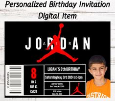 an air jordan birthday party ticket with the name jordan on it and a basketball player's photo