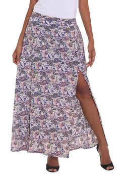 A beautiful paisley print in shades of Caribbean blue, peach, light olive, and white adorns this skirt by Hari and Arthur. Handmade from rayon, it features slits on the front for a flirty, feminine touch. A comfortable elastic waistband makes this a piece you will reach for often. Spring Paisley Print Flowy Maxi Skirt, Spring Flowy Maxi Skirt With Paisley Print, Long Paisley Print Skirt, Flowy Long Paisley Print Skirt, Flowy Long Skirt With Paisley Print, Long Flowy Skirt With Paisley Print, Rayon Skirt, Batik Design, Caribbean Blue