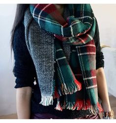 Double Sided Green Plaid Scarf | Tartan Scarf | Flannel Scarf | Check Scarf Plaid Scarves For Cold Weather In Winter, Casual Plaid Scarves For Cold Weather, Casual Winter Scarves For Cold Weather, Green Cozy Winter Scarves, Cozy Green Winter Scarves, Oversized Casual Fall Scarves, Casual Oversized Scarf For Fall, Casual Fall Outerwear With Scarf, Green Plaid Scarf