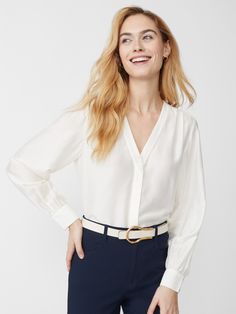 So luxe, so refined. Our silky Rinaldo blouse has a half placket shape and dress shirt cuffs for an air of elegance. | J.McLaughlin Women's Rinaldo Blouse Off White, Size XS | Cotton/Silk Classic V-neck Blouse For Daywear, Classic V-neck Blouse For Semi-formal Occasions, Elegant V-neck Top With Cuffed Sleeves, Elegant V-neck Blouse For Office, Elegant V-neck Top With Button Cuffs, Semi-formal White Silk Blouse, White Silk Blouse For Semi-formal Occasions, Elegant Formal Blouse With Pleated Sleeves, Timeless Silk Blouse For Daywear