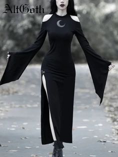 AltGoth Aesthetic Dark Gothic Dress Women Vintage Streetwear Halloween Moon Hollow Out Flare Sleeve Out Manga, Cool Dresses, Gothic Women, Moon Dress, Dark Elegance, Halloween Moon, Flare Sleeves, Halloween Vintage, Goth Aesthetic