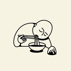 a drawing of a person eating food from a bowl with chopsticks in it