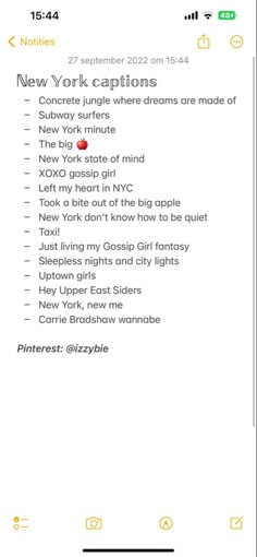 an iphone screen with the text new york captions on it and other words below