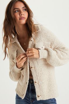 Staying snuggly all season long is extra easy with the Lulus Cozy Simplicity Ivory Textured Chenille Knit Button-Up Sweater! You'll be eager to bundle yourself up in this soft boucle knit sweater that features a shacket-inspired design with a collared neckline and long sleeves with drop shoulders and fitted cuffs. A relaxed, wide-cut bodice boasts a functional button placket at the front and twin flap pockets. Fit: This garment fits true to size. Length: Size medium measures 22.5" from shoulder Boucle Knit, Lulu Fashion, Winter Cardigan, Trendy Fall Outfits, Knit Sweater, Sweater Top, Sweater Sizes, Apparel Accessories, Knitted Sweaters