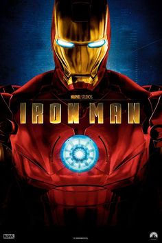 the poster for iron man is shown in front of a dark background with glowing eyes