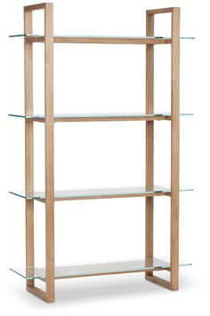 a wooden shelf with glass shelves on it