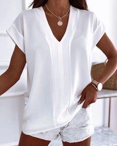 Style:CasualType:TeeMaterial:PolyesterNeckline:V-NeckSleeve Style:Cap SleeveLength:RegularPattern Type:PlainFit Type:RegularOccasion:DailyPackage Include:1*T-Shirt S: bust:38.6(inch); hips:44.1(inch); top length:26.0(inch); M: bust:40.6(inch); hips:46.1(inch); top length:26.4(inch); L: bust:42.5(inch); hips:48.0(inch); top length:26.8(inch); XL: bust:44.5(inch); hips:50.0(inch); top length:27.2(inch); Plain T Shirt, India And Pakistan, Hottest Fashion Trends, Plain Tshirt, Trend Fashion, Nice Tops, Tshirts Online, Shirt Online, Sleeve Styles