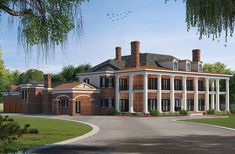 an artist's rendering of a large brick mansion with columns and pillars on the front