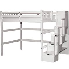 PRICES MAY VARY. A unique stair system with 4 built-in drawers for easy access to the top bed and additional storage space. The staircase can be set up on the left or right side of the Loft. Weight capacity of each bed: up to 350 lbs. Made of Pine Wood - no particle board, veneer or MDF. Clearance from the floor to the bottom of the bunk - 52" This Full Stairway Loft Bed is a great space-saving solution for any bedroom for your children, teens or youth. Twin, Full or Queen size Beds perfectly fi Loft Bed Diy, Loft Bed With Stairs, Adult Loft Bed, Twin Full Bunk Bed, Bed With Stairs, Full Loft Bed, Loft Staircase, White Bunk Beds, Cool Bunk Beds