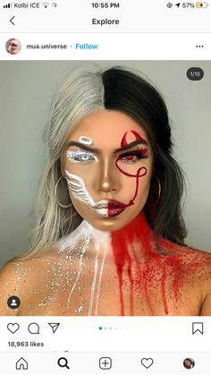 Halloween Makeup With Red Contacts, Make Up Diabla, Maquillage Halloween Demon, Half Devil Half Angel Costume, Makeup Diable, Angel And Devil Makeup, Makeup Diabla, Devil Make Up Halloween, Cute Devil Makeup