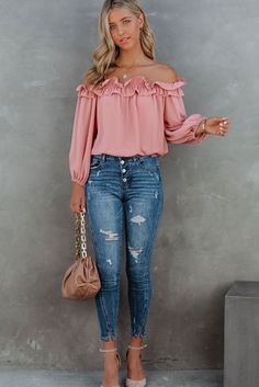 Pink Puff Sleeve Ruffled Off Shoulder Blouse Casual Puff Sleeve Top With Ruffles For Fall, Fall Casual Puff Sleeve Top With Ruffles, Loungewear Dresses, Puff Sleeve Blouse, Pink Blouse, Red Blouses, High Waisted Denim, Shop Blouses, Pink Fashion