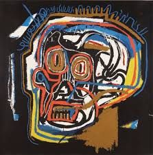 an abstract painting with multiple colors and lines on the face, in blue, yellow, red, orange, and black