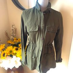 Nwt Dear John Linen Jacket Army Green Size Xs Adjustable Cinched Waist Light Weight 55% Linen 45% Rayon Zippered Hood Machine Washable Casual Green Utility Jacket For Fall, Casual Green Outerwear For Layering, Fitted Green Utility Jacket With Long Sleeves, Green Long Sleeve Utility Jacket For Fall, Long Sleeve Utility Jacket With Pockets For Layering, Casual Utility Jacket For Fall, Casual Olive Outerwear For Layering, Utility Long Sleeve Outerwear For Layering, Long Sleeve Utility Outerwear For Layering