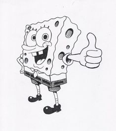 a black and white drawing of spongebob holding a thumb up to the camera