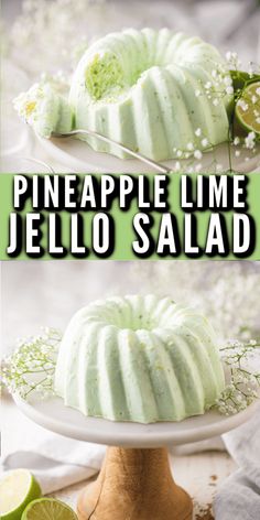 pineapple lime jello salad on a white cake plate with sliced limes in the background