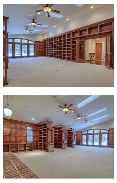 two pictures of the inside of a house with wood paneling and open bookcases