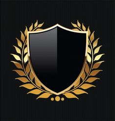 a black and gold shield with golden laurels on a black striped wallpaper background