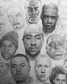 a pencil drawing of many different faces