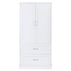 a white armoire with two drawers on the bottom and one drawer in the middle