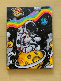 a painting of an astronaut sitting on top of a yellow space ship