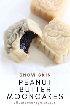 some kind of mooncake on a plate with the words snow skin peanut butter mooncakes