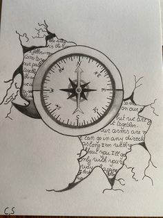 a drawing of a compass with words written on it and the shape of a map