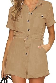 Rompers & Jumpsuits // Show off your gorgeous style wearing this latte short sleeves button down belted romper.