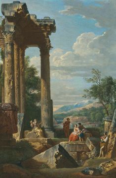 an old painting with people and animals in the foreground, some on the other side