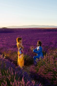 a man kneeling down next to a woman in front of a field of lavender flowers