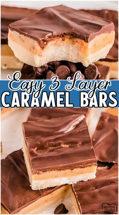 chocolate covered caramel bars stacked on top of each other with the title overlay