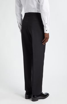 Elevate your formal or evening look with these tuxedo pants impeccably tailored from a refined wool-and-mohair blend and finished with satin side stripes. Zip fly with hook-and-bar tab closure Side-seam pockets; back welt pockets Cupro lining 84% wool, 16% mohair Dry clean Made in Turkey Designer Clothing Luxury Straight Leg Dress Pants For Evening, Black Wool Bottoms For Evening, Elegant Party Pants With Pressed Crease, Elegant Fitted Evening Pants, Luxury Wool Pants For Evening, Elegant Fitted Pants With Pressed Crease, Luxury Straight Dress Pants For Evening, Luxury Tailored Suit With Straight Pants, Elegant Business Pants With Structured Boning