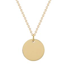 Crafted from quality 14 karat yellow gold  this lovely disc pendant is sure to complete any look. This piece hangs from a matching adjustable 18-inch cable chain  measures 1/2 an inch in diameter and is secured with a lobster clasp. Add an engraving to personalize this piece. For assistance on engraving  Live Chat online  call an online customer service representative at 1-866-467-4263  or visit one of our store locations. 14k Gold Medallion Necklace With Adjustable Chain, Minimalist Yellow Gold Medallion Pendant Necklace, Yellow Gold Tarnish Resistant Medallion Necklace, Yellow Gold Charm Necklaces With Cable Chain, 14k Gold Necklace With Adjustable Chain And Round Disc, Yellow Gold Coin Necklace With Adjustable Chain, Yellow Gold Charm Necklaces With Coin Pendant, Yellow Gold Coin Pendant Necklace, Gold Coin Necklace With Cable Chain