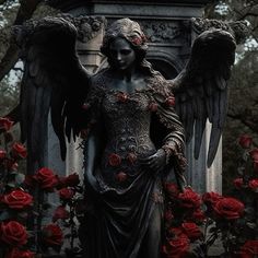 an angel statue surrounded by red roses